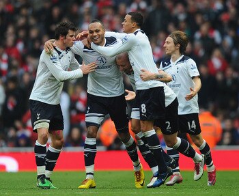 Tottenham celebrate Younes Kaboul's winner against Arsenal in November