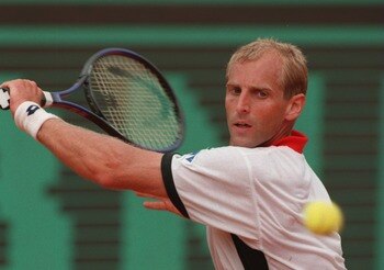 11 JUN 1995:  THOMAS MUSTER OF AUSTRIA HITS A BACKHAND RETURN AGAINST MICHAEL CHANG OF THE USA IN THE MENS SINGLES FINAL MATCH AT THE FRENCH OPEN TENNIS AT ROLAND GARROS STADIUM, PARIS. MUSTER WON THE MATCH IN THREE SETS 7-5, 6-2, 6-4  TO TAKE THE FRENCHO