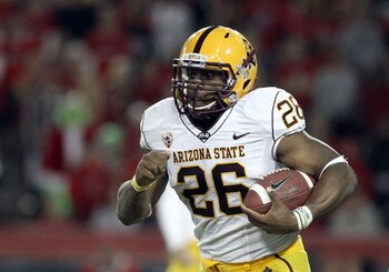 TUCSON, AZ - DECEMBER 02:  Runningback Cameron Marshall #26 of the Arizona State Sun Devils runs with the football during the college football game at Arizona Stadium on December 2, 2010 in Tucson, Arizona. The Sun Devils defeated the Wildcats 30-29 in do