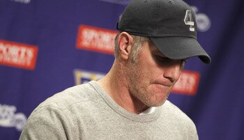 DETROIT, MI - JANUARY 02:  Brett Favre #4 of the Minnesota Vikings talks at a post game press conference after a 13-20 loss to the Detroit Lions at Ford Field on January 2, 2011 in Detroit, Michigan.  (Photo by Gregory Shamus/Getty Images)