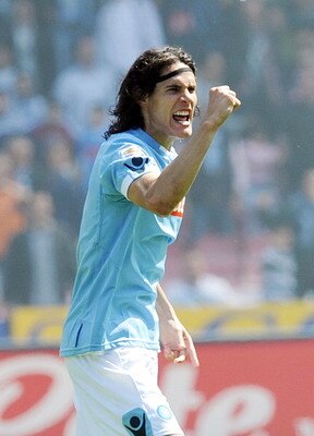 NAPLES, ITALY - APRIL 03:  Edinson Cavani of Napoli  celebrates after scoring the goal 2-2 during the Serie A match between SSC Napoli and SS Lazio at Stadio San Paolo on April 3, 2011 in Naples, Italy.  (Photo by Giuseppe Bellini/Getty Images)