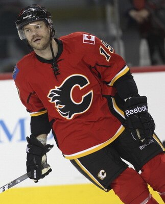 CALGARY, CANADA - MARCH 04: Freddy Modin #19 of the Calgary Flames skates in the warm up before NHL action against the Columbus Blue Jackets on March 4, 2011 at the Scotiabank Saddledome in Calgary, Alberta, Canada. (Photo by Mike Ridewood/Getty Images)
