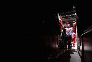 GLENDALE, AZ - MARCH 05:  Kris Draper #33 of the Detroit Red Wings skates off the ice following warm ups to the NHL game against the Phoenix Coyotes at Jobing.com Arena on March 5, 2011 in Glendale, Arizona.  (Photo by Christian Petersen/Getty Images)