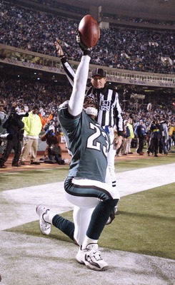 12 Jan 2002: Troy Vincent #23 of the Philadelphia Eagles celebrates after making an interception in the third quarter of their NFC Wildcard game against the Tampa Bay Buccaneers at Veterans Stadium in Philadelphia, Pennsylvania. Digital Image. The Eagles