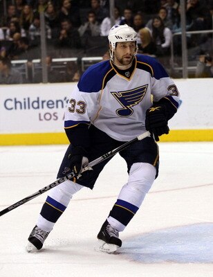 LOS ANGELES, CA - JANUARY 13:  Tyson Strachan #33 of the St. Louis Blues skates against the Los Angeles Kings at the Staples Center on January 13, 2011 in Los Angeles, California.  (Photo by Bruce Bennett/Getty Images)
