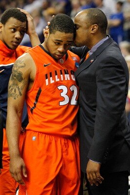 TULSA, OK - MARCH 20:  Demetri McCamey #32 of the Illinois Fighting Illini walks off the court in the final moments of their 59-73 loss to the Kansas Jayhawks during the third round of the 2011 NCAA men's basketball tournament at BOK Center on March 20, 2