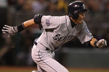 OAKLAND, CA - APRIL 02:  Ichiro Suzuki #51 of the Seattle Mariners hits a fielder's choice in the ninth inning against the Oakland Athletics during a Major League Baseball game at the Oakland-Alameda County Coliseum on April 2, 2011 in Oakland, California