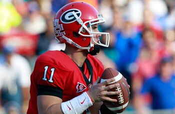 JACKSONVILLE, FL - OCTOBER 30:  Quarterback Aaron Murray #11 of the Georgia Bulldogs attempts a pass during the game against the Florida Gators at EverBank Field on October 30, 2010 in Jacksonville, Florida.  (Photo by Sam Greenwood/Getty Images)