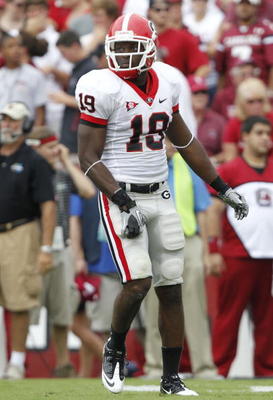 COLUMBIA, SC - SEPTEMBER 11:  Safety Baccari Rambo #18 of the Georgia Bulldogs watches the action during the game against the South Carolina Gamecocks at Williams-Brice Stadium on September 11, 2010 in Columbia, South Carolina.  (Photo by Mike Zarrilli/Ge