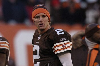 CLEVELAND - DECEMBER 21:  Quarterback Tim Couch #2 of the Cleveland Browns watches from the sidelines during the game against the Baltimore Ravens at Cleveland Browns Stadium on December 21, 2003 in Cleveland, Ohio.  The Ravens won 35-0.  (Photo by David