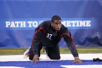 INDIANAPOLIS, IN - MARCH 1: Defensive back Patrick Peterson #37 of LSU stretches before working out during the 2011 NFL Scouting Combine at Lucas Oil Stadium on February 28, 2011 in Indianapolis, Indiana. (Photo by Joe Robbins/Getty Images)