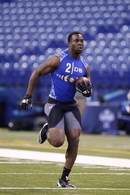 INDIANAPOLIS, IN - MARCH 1: Defensive back Prince Amukamara #2 of Nebraska runs with the football during the 2011 NFL Scouting Combine at Lucas Oil Stadium on February 28, 2011 in Indianapolis, Indiana. (Photo by Joe Robbins/Getty Images)