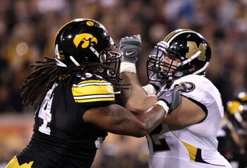 TEMPE, AZ - DECEMBER 28:  Defensive end Adrian Clayborn #94 of the Iowa Hawkeyes in action during the Insight Bowl against the Missouri Tigers at Sun Devil Stadium on December 28, 2010 in Tempe, Arizona. The Hawkeyes defeated the Tigers 27-24.  (Photo by 