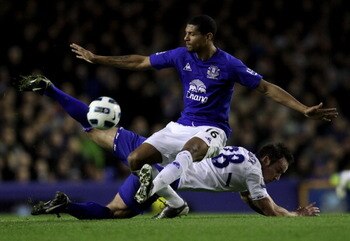LIVERPOOL, ENGLAND - MARCH 09: Jermaine Beckford of Everton competes with Martin Jiranek of Birmingham City during the Barclays Premier League match between Everton and Birmingham City at Goodison Park on March 9, 2011 in Liverpool, England. (Photo by A
