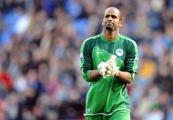 WIGAN, ENGLAND - APRIL 02: Ali Al Habsi of Wigan Athletic reacts during the Barclays Premier League match between Wigan Athletic and Tottenham Hotspur at DW Stadium on April 2, 2011 in Wigan, England. (Photo by Chris Brunskill/Getty Images)