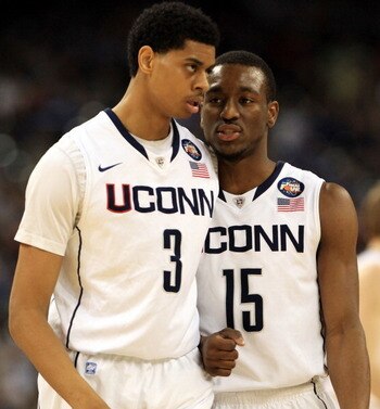 HOUSTON, TX - APRIL 04:  Jeremy Lamb #3 and Kemba Walker #15 of the Connecticut Huskies talk against the Butler Bulldogs during the National Championship Game of the 2011 NCAA Division I Men's Basketball Tournament at Reliant Stadium on April 4, 2011 in H
