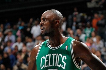 ATLANTA, GA - APRIL 01:  Kevin Garnett #5 of the Boston Celtics against the Atlanta Hawks at Philips Arena on April 1, 2011 in Atlanta, Georgia.  NOTE TO USER: User expressly acknowledges and agrees that, by downloading and/or using this Photograph, user