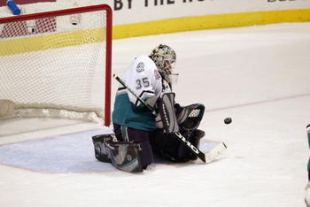 ANAHEIM, CA - JUNE 2:  Goalie Jean-Sebastien Giguere of the Mighty Ducks of Anaheim makes a save against the New Jersey Devils in game four of the 2003 Stanley Cup Finals June 2, 2003 at Arrowhead Pond of Anaheim in Anaheim, California.  (Photo by Brian B