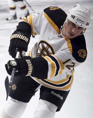 TORONTO, CANADA - MARCH 19: Tomas Kaberle #12 of the Boston Bruins shoots during warmup before game action at the Air Canada Centre against the Toronto Maple Leafs March 19, 2011 in Toronto, Ontario, Canada. (Photo by Abelimages/Getty Images)