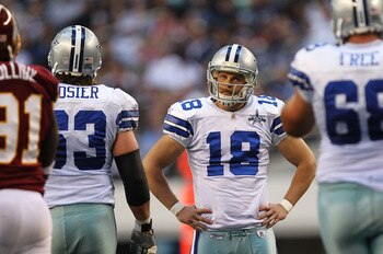 ARLINGTON, TX - DECEMBER 19:  Kicker David Buehler #18 of the Dallas Cowboys reacts after missing a field goal in the second quarter against the Washington Redskins at Cowboys Stadium on December 19, 2010 in Arlington, Texas.  (Photo by Ronald Martinez/Ge