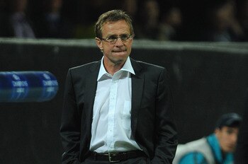 MILAN, ITALY - APRIL 05:  Schalke 04 head coach Ralf Rangnick looks on during the UEFA Champions League Quarter Final match between FC Internazionale Milano and Schalke 04 at San Siro Stadium on April 5, 2011 in Milan, Italy.  (Photo by Valerio Pennicino/
