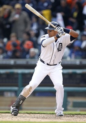 DETROIT, MI - APRIL 08:  Victor Martinez #41 of the Detroit Tigers bats in the seventh inning while playing the Kansas City Royals during Opening Day at Comerica Park on April 8, 2011 in Detroit, Michigan. Detroit won the game 5-2.  (Photo by Gregory Sham