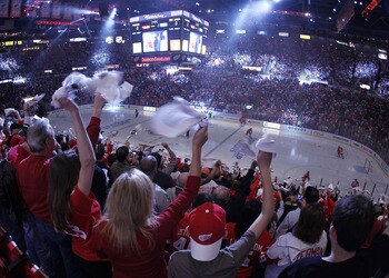 DETROIT, MI - APRIL 16:  Fans wave rally towls prior to the Detroit Red Wings playing the Phoenix Coyotes in Game Two of the Western Conference Quarterfinals during the 2011 Stanley Cup Playoffs at Joe Louis Arena on April 16, 2011 in Detroit, Michigan.