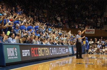 DURHAM, NC - DECEMBER 01:  Cameron Crazies watch on during the game between the Michigan State Spartans and the Duke Blue Devils at Cameron Indoor Stadium on December 1, 2010 in Durham, North Carolina.  (Photo by Streeter Lecka/Getty Images)
