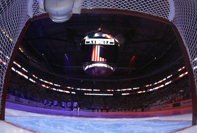 PITTSBURGH, PA - APRIL 15:  A general view from ice level during the National Anthem before the start of play between the the Tampa Bay Lightning and the Pittsburgh Penguins in Game Two of the Eastern Conference Quarterfinals during the 2011 NHL Stanley C