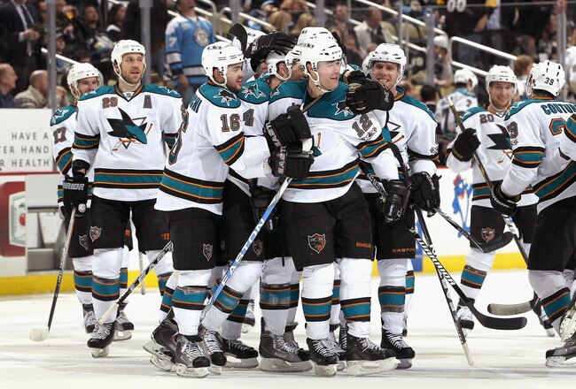 PITTSBURGH, PA - FEBRUARY 23:  Patrick Marleau #12 (C) of the San Jose Sharks celebrates with teammates Ryane Clowe #29, Devin Setoguchi #16, Marc-Edouard Vlasic #44 and Joe Pavelski #8 after Marleau scored the game winning goal against the Pittsburgh Pen