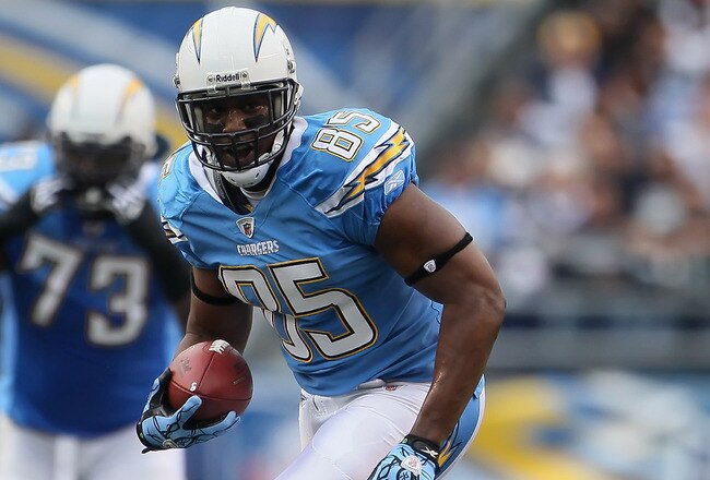 SAN DIEGO - DECEMBER 05:  Tight end Antonio Gates #85 of the San Diego Chargers carries the ball against the Oakland Raiders at Qualcomm Stadium on December 5, 2010 in San Diego, California. The Raiders defeated the Chargers 28-13.  (Photo by Jeff Gross/G