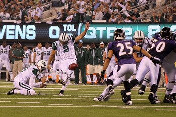 EAST RUTHERFORD, NJ - SEPTEMBER 13:  Nick Folk #2 of the New York Jets kicks a field goal against the Baltimore Ravens during their home opener at the New Meadowlands Stadium on September 13, 2010 in East Rutherford, New Jersey.  (Photo by Jim McIsaac/Get