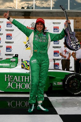 Ana Beatriz is a very happy driver after winning an Indy Lights race in 2008.