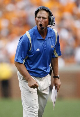 KNOXVILLE, TN - SEPTEMBER 12: Rick Neuheisel, head coach of the UCLA Bruins reacts against the Tennessee Volunteers on September 12, 2009 at Neyland Stadium in Knoxville, Tennessee. The Bruins beat the Volunteers 19-15. (Photo by Joe Murphy/Getty Images)