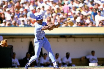 OAKLAND, CA -1989:  Bo Jackson #16 of the Kansas City Royals follows through on his swing during a game against the Oakland Athletics at Oakland-Alameda County Coliseum in 1989 in Oakland, California.  (Photo by Otto Greule Jr/Getty Images)