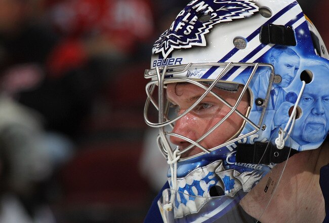 NEWARK, NJ - APRIL 06:  James Reimer #34 of the Toronto Maple Leafs tends net against the New Jersey Devils at the Prudential Center on April 6, 2011 in Newark, New Jersey.  (Photo by Bruce Bennett/Getty Images)