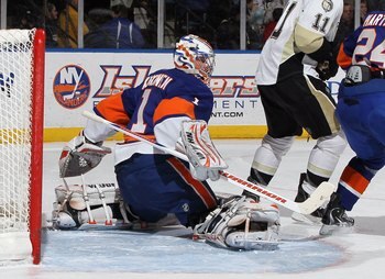 UNIONDALE, NY - FEBRUARY 11:  Mikko Koskinen #1 of the New York Islanders in action against the Pittsburgh Penguins on February 11, 2011 at Nassau Coliseum in Uniondale, New York. The Isles defeated the Pens 9-3.  (Photo by Jim McIsaac/Getty Images)