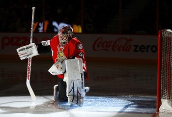 OTTAWA, ON - FEBRUARY 18:  Robin Lehner #40 of the Ottawa Senators stretches before a game against the Boston Bruins at Scotiabank Place on February 18, 2011 in Ottawa, Canada.  (Photo by Phillip MacCallum/Getty Images)