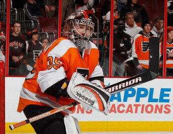 PHILADELPHIA, PA - FEBRUARY 03:  Goalie Sergei Bobrovsky #35 of the Philadelphia Flyers watches the puck in warmups before  an NHL hockey game against the Nashville Predators at the Wells Fargo Center on February 3, 2011 in Philadelphia, Pennsylvania.  (P
