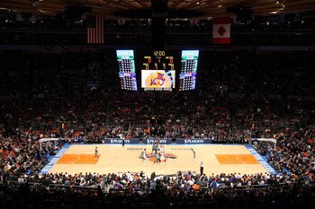 NEW YORK, NY - APRIL 22:  A general view of the opening tip-off between the New York Knicks and the Boston Celtics in Game Three of the Eastern Conference Quarterfinals in the 2011 NBA Playoffs on April 22, 2011 at Madison Square Garden in New York City.