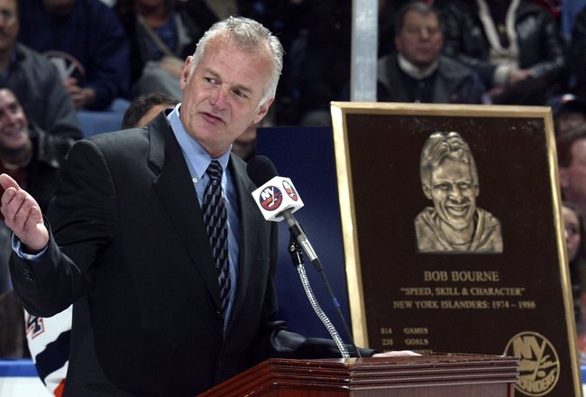 UNIONDALE, NY - NOVEMBER 25:  Former player Bob Bourne speaks to the crowd while being inducted to the New York Islanders Hall of Fame prior to the Islanders game against the Washington Capitals on November 25, 2006 at the Nassau Coliseum in Uniondale, Ne