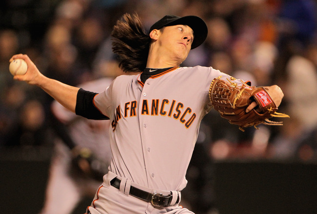 DENVER, CO - APRIL 18:  Starting pitcher Tim Lincecum #55 of the San Francisco Giants delivers against the Colorado Rockies at Coors Field on April 18, 2011 in Denver, Colorado. Lincecum recorded 10 strike outs as he earned the win as the Giants defeated 