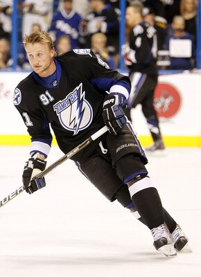 TAMPA, FL - APRIL 18: Steven Stamkos #91 of the Tampa Bay Lightning skates on the ice prior to the start of the game against the Pittsburgh Penguins in Game Three of the Eastern Conference Quarterfinals during the 2011 NHL Stanley Cup Playoffs at the St.