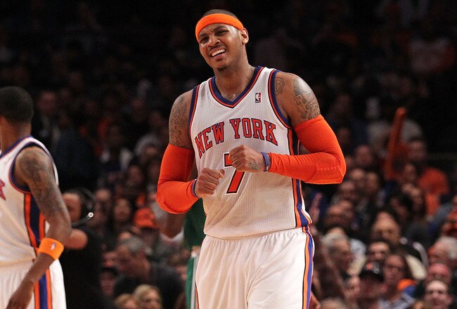 NEW YORK, NY - APRIL 22:  Carmelo Anthony #7 of the New York Knicks reacts against the Boston Celtics in Game Three of the Eastern Conference Quarterfinals in the 2011 NBA Playoffs on April 22, 2011 at Madison Square Garden in New York City.  NOTE TO USER