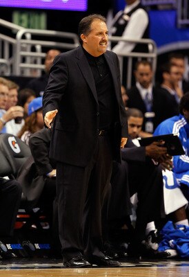 ORLANDO, FL - APRIL 19:  Head coach Stan Van Gundy of the Orlando Magic directs his team against the Atlanta Hawks during Game Two of the Eastern Conference Quarterfinals of the 2011 NBA Playoffs on April 19, 2011 at the Amway Arena in Orlando, Florida.  