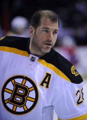 MONTREAL, CANADA - APRIL 21:  Mark Recchi #28 of the Boston Bruins skates in warmup before Game Four of the Eastern Conference Quarterfinals against the Montreal Canadiens during the 2011 NHL Stanley Cup Playoffs at the Bell Centre on April 21, 2011 in Mo