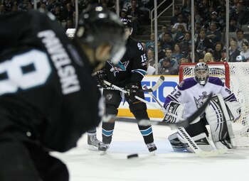 Jonathan Quick not giving The Great Pavelski much net to shoot at.