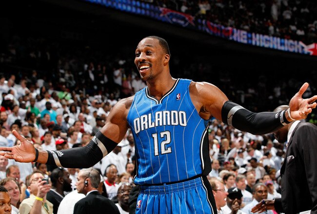 ATLANTA, GA - APRIL 22:  Dwight Howard #12 of the Orlando Magic reacts after being called for a technical foul against the Atlanta Hawks during Game Three of the Eastern Conference Quarterfinals in the 2011 NBA Playoffs at Philips Arena on April 22, 2011