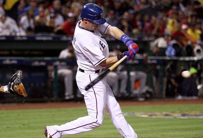 ARLINGTON, TX - OCTOBER 22:  Michael Young #10 of the Texas Rangers bats against the New York Yankees in Game Six of the ALCS during the 2010 MLB Playoffs at Rangers Ballpark in Arlington on October 22, 2010 in Arlington, Texas. The Rangers won 6-1.  (Pho