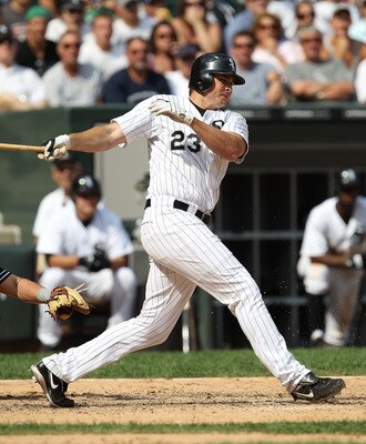 CHICAGO - AUGUST 29: Mark Teahen #23 of the Chicago White Sox grounds out with the bases loaded to end a White Sox scoring threat against the New York Yankees at U.S. Cellular Field on August 29, 2010 in Chicago, Illinois. The Yankees defeated the White S